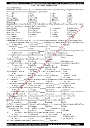 Bài tập bổ trợ sách Tiếng Anh Lớp 11 thí điểm - Unit 3 Becoming independent - Đỗ Bình